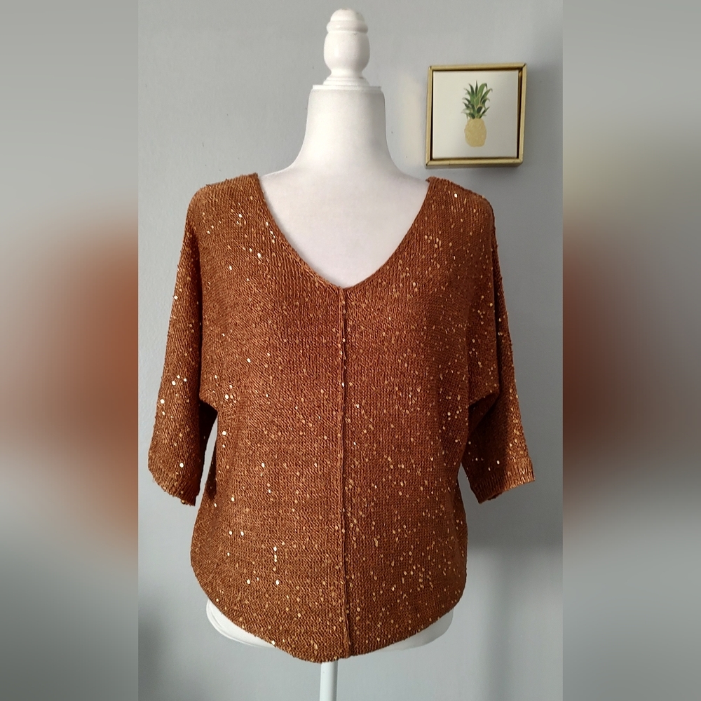 Top Womens WD- NY Size L Short Sleeve  Pull On Copper Embellished Sequin New